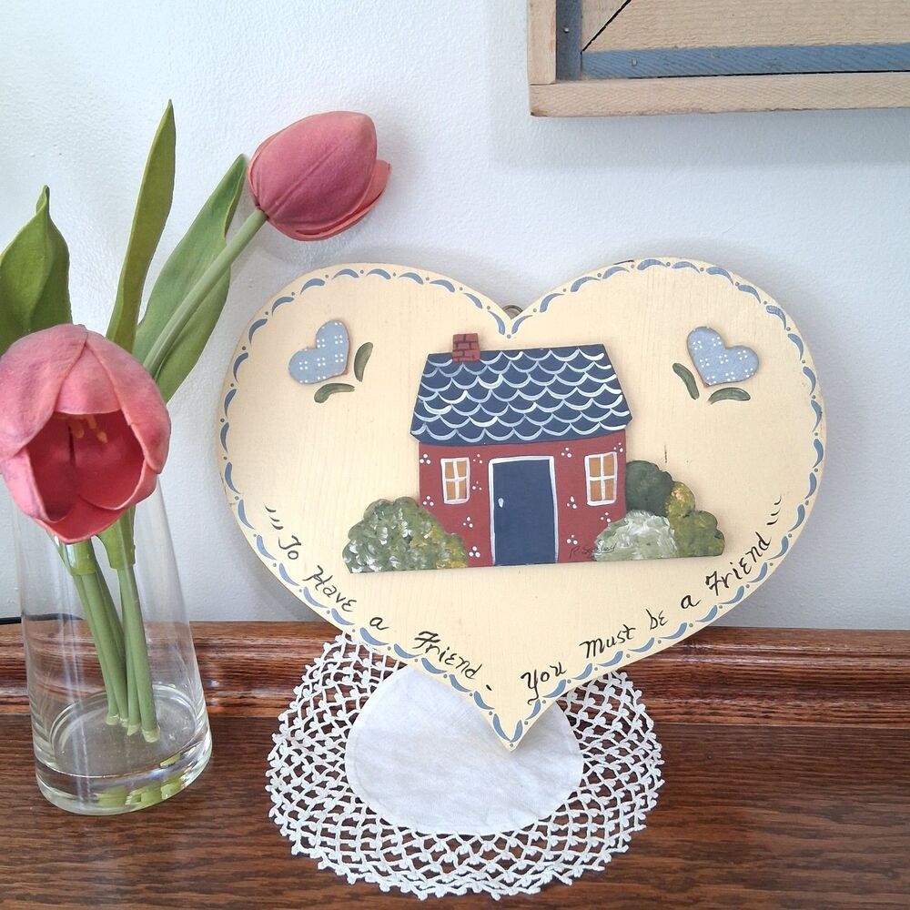 Vintage Hand Painted Wooden Folk Art Heart Shaped Country Style Hanging Signed